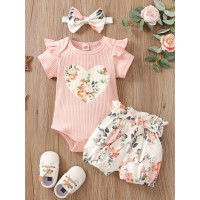 Baby Floral Bodysuit & Belted Shorts & Headband